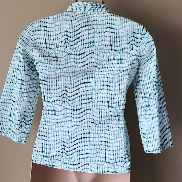 Lafayette 148 New York women's button down shirt stretch sz. 8 white/green/black - Picture 2 of 10